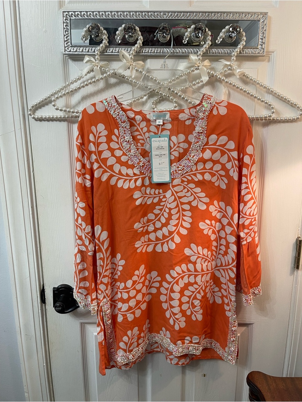 escapada Orange White Botanical Sequin-Trim Tunic